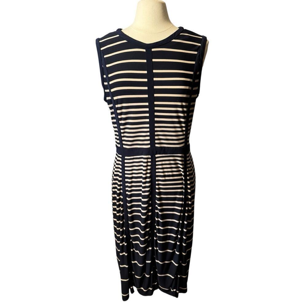 TAYLOR Navy Blue Taupe Sleeveless Popover Career Dress 14 Midi Length Capsule